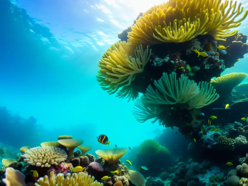 Una vibrante escena submarina de un arrecife de coral, con vida marina colorida y un maridaje perfecto de vinos y mariscos