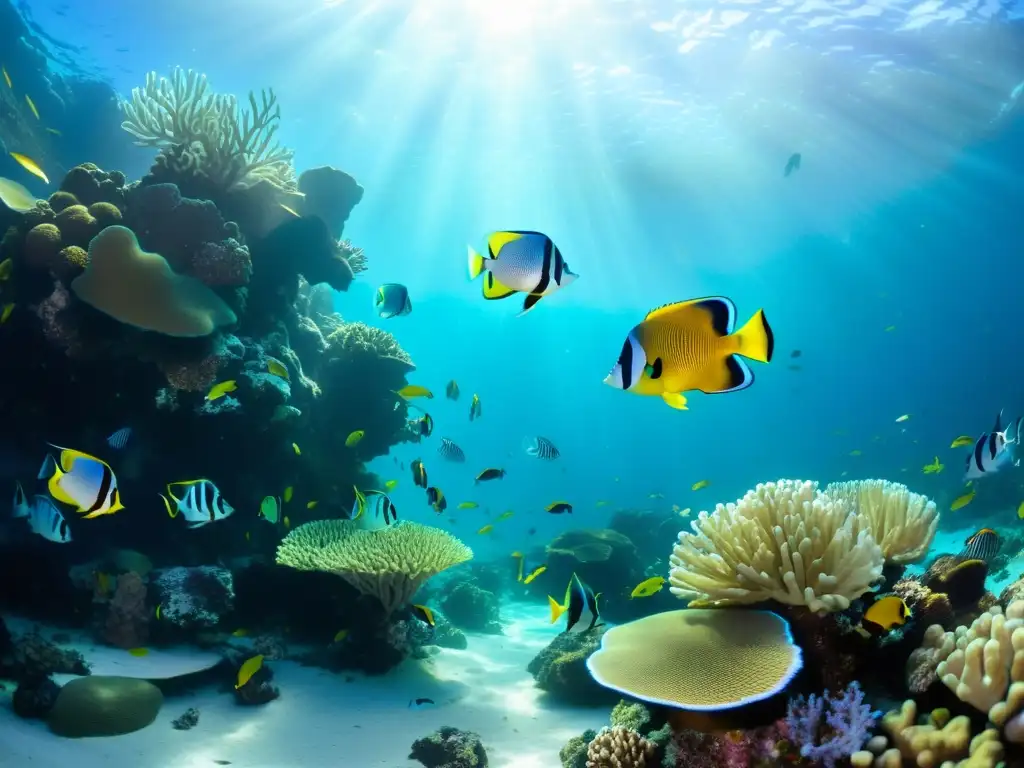 Arrecife de coral vibrante: belleza submarina Una vibrante escena submarina, con un arrecife de coral lleno de vida marina, incluyendo peces tropicales, plantas marinas y formaciones rocosas