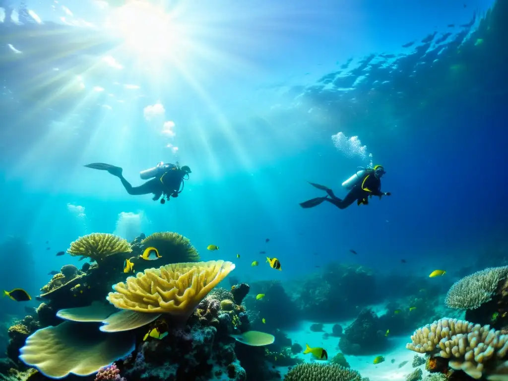 Una vibrante escena submarina muestra un arrecife de coral, peces coloridos y buceadores explorando con asombro