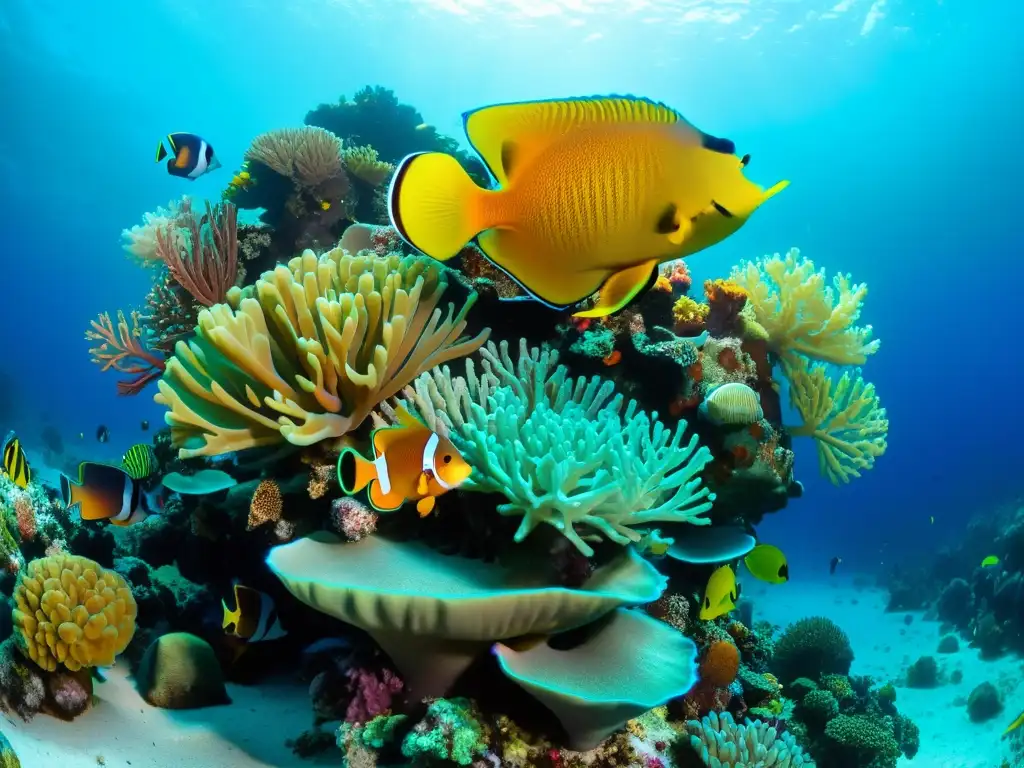 Vibrante escena submarina con arrecife de coral y vida marina, ideal para buceo y medicina hiperbárica
