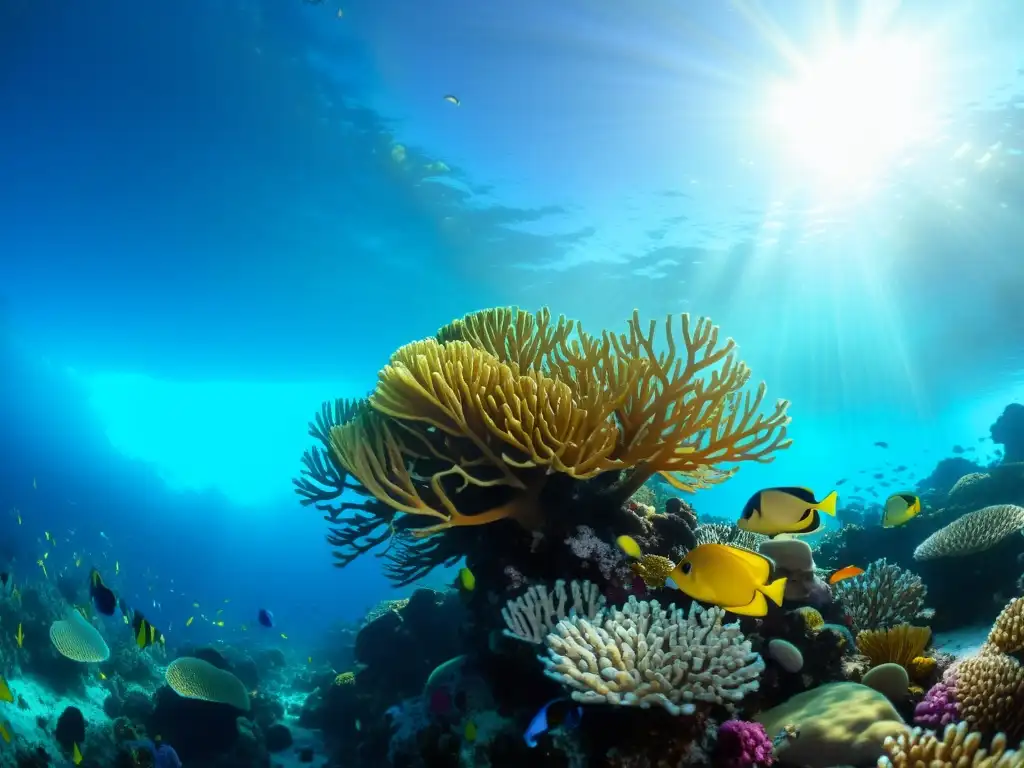 Una vibrante escena submarina en 8k de un arrecife de coral lleno de vida marina, plantas y luz solar