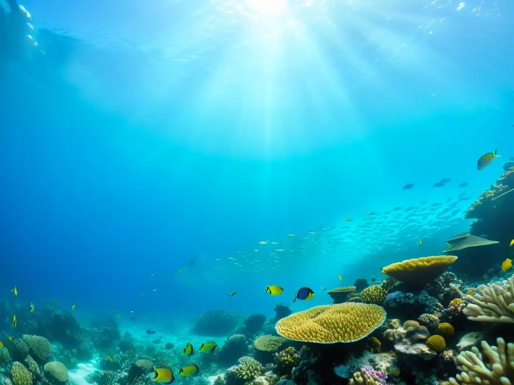 Una vibrante escena submarina con un arrecife de coral prístino, peces coloridos y vida marina