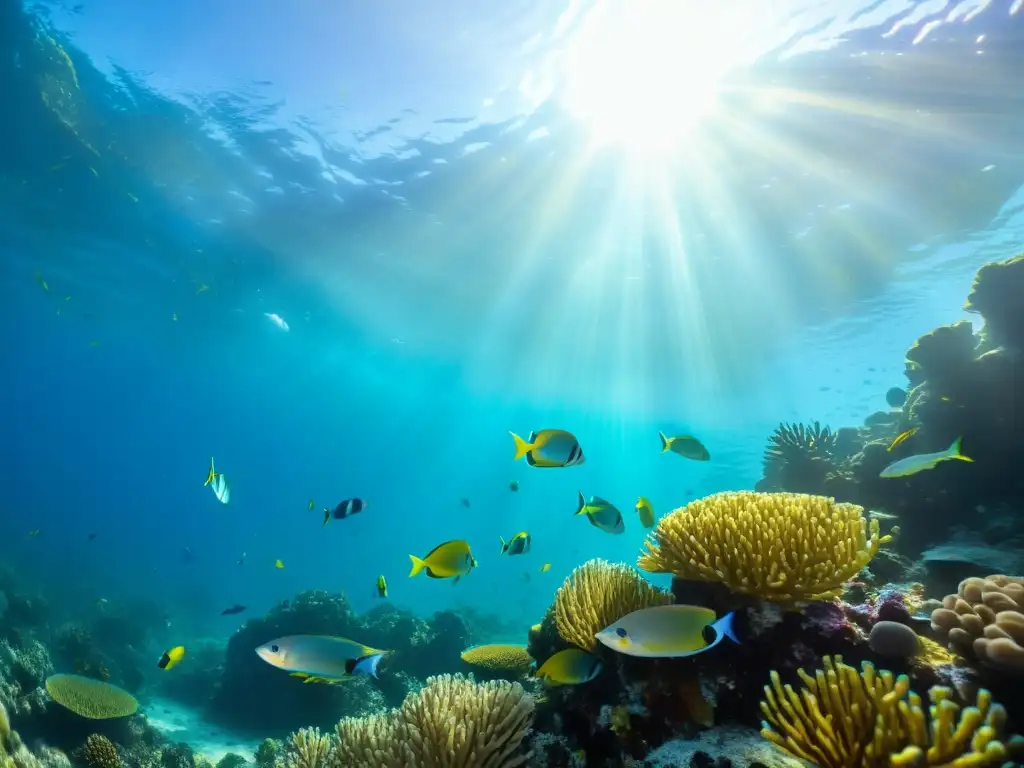 Una vibrante escena submarina de un arrecife de coral, con peces coloridos y plantas marinas