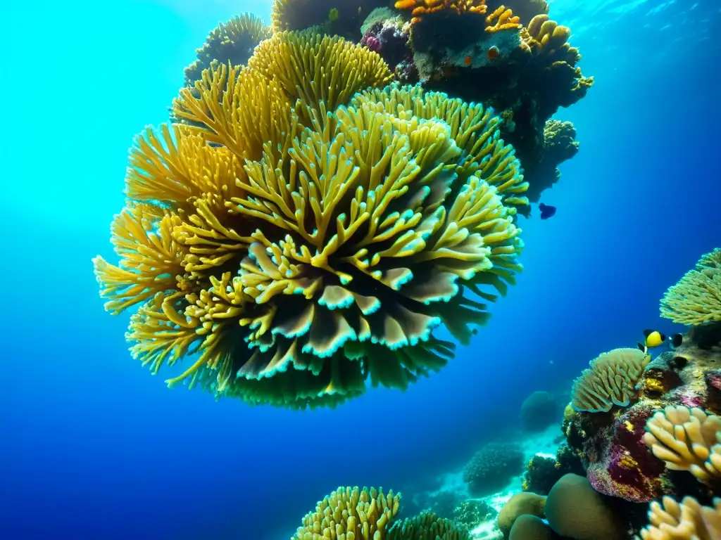 Maravillas del Arrecife: Coral, Peces y Luz Vibrante escena submarina con corales coloridos, peces y rayos de sol