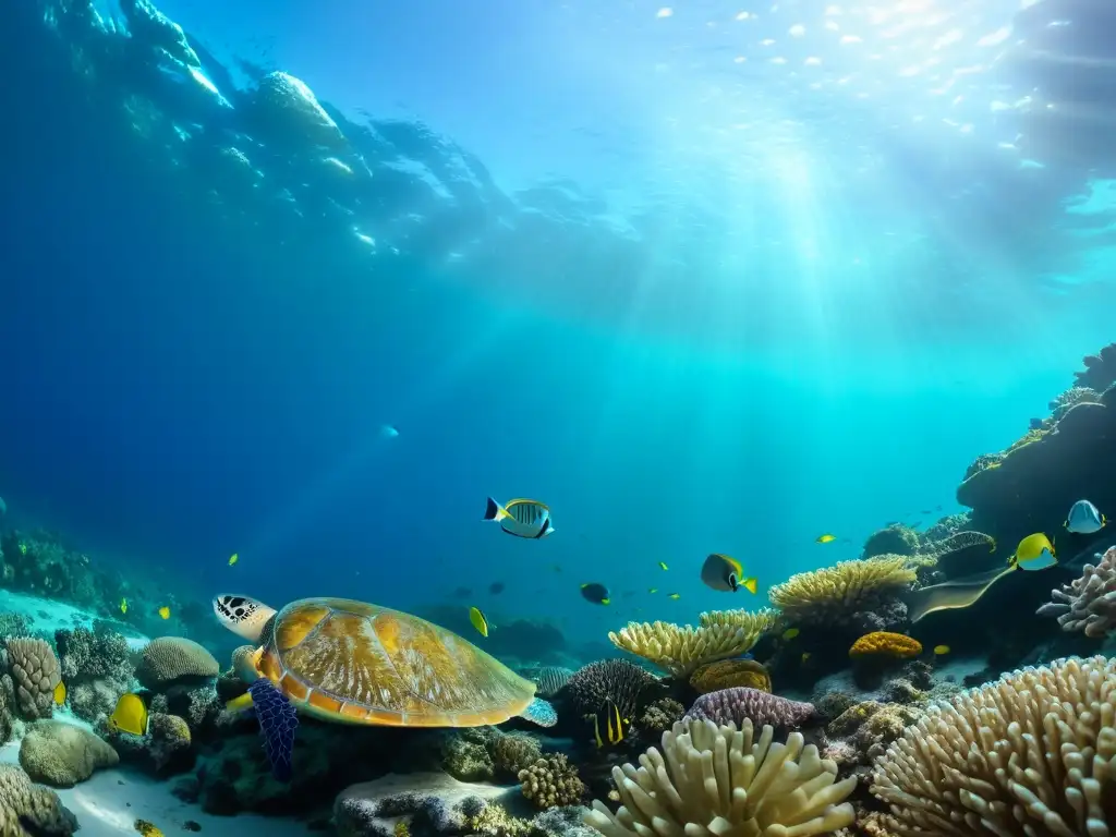 Vibrante escena submarina con corales coloridos, peces exóticos y tortugas marinas