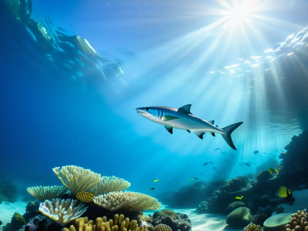 Vibrante escena submarina con corales, peces coloridos y barracudas plateadas en aguas azules