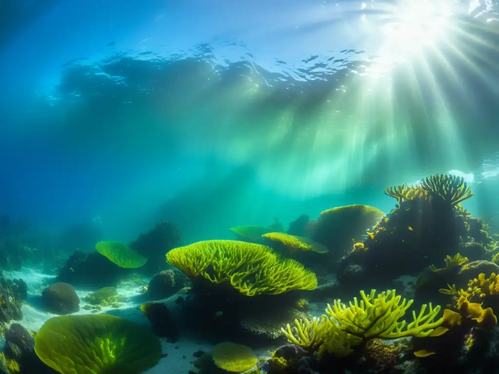 Vibrante escena submarina con diversa flora marina danzante de algas, creando un cautivador ecosistema marino