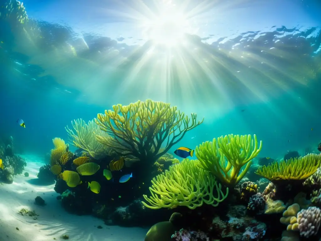 Una vibrante escena submarina muestra una diversa flora y fauna marina en un ecosistema de arrecifes de coral