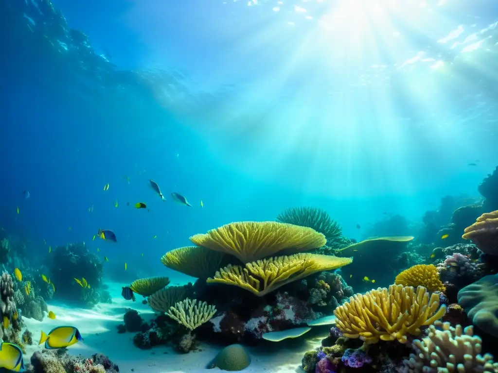 Una vibrante escena submarina con un ecosistema de arrecifes de coral diverso, peces coloridos y patrones de luz solar