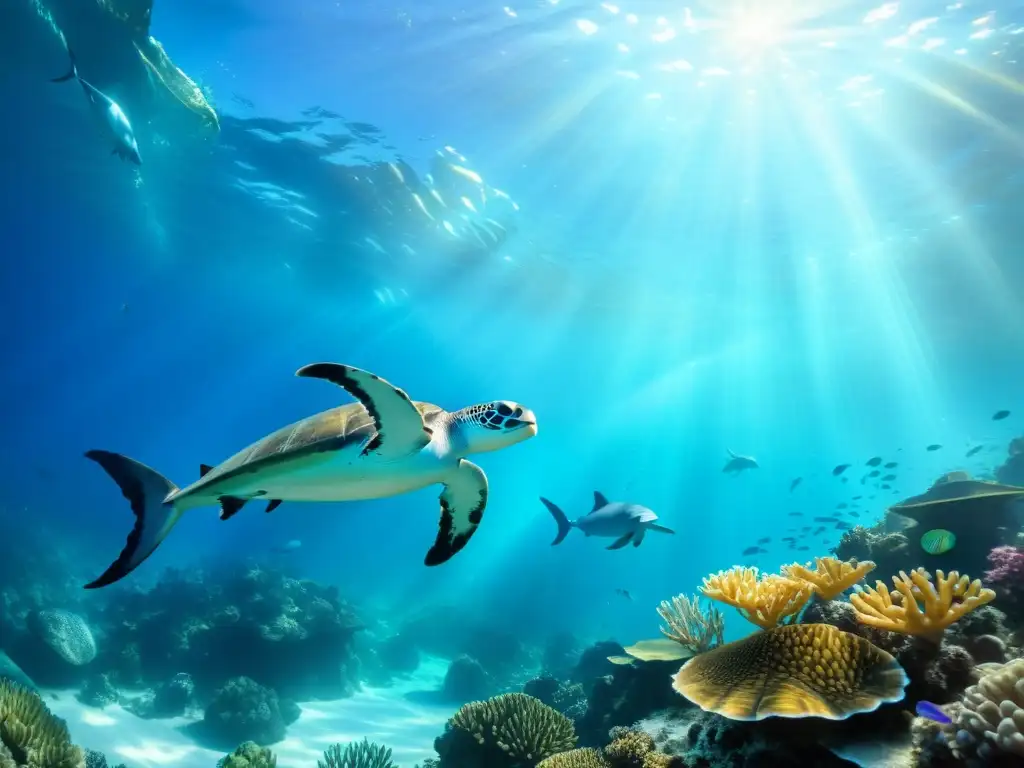 Vibrante escena submarina con especies marinas, coral colorido y luz suave