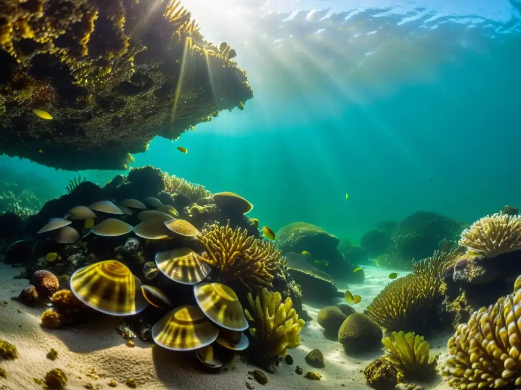 Inmersión submarina con mejillones cebra y cangrejos verdes Vibrante escena submarina con impacto de los moluscos invasores en un lecho rocoso, iluminada por la luz solar filtrada