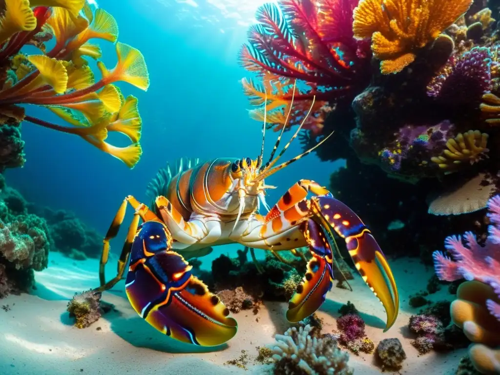 Una vibrante escena submarina muestra una langosta marina en un arrecife de coral, en un viaje sostenible