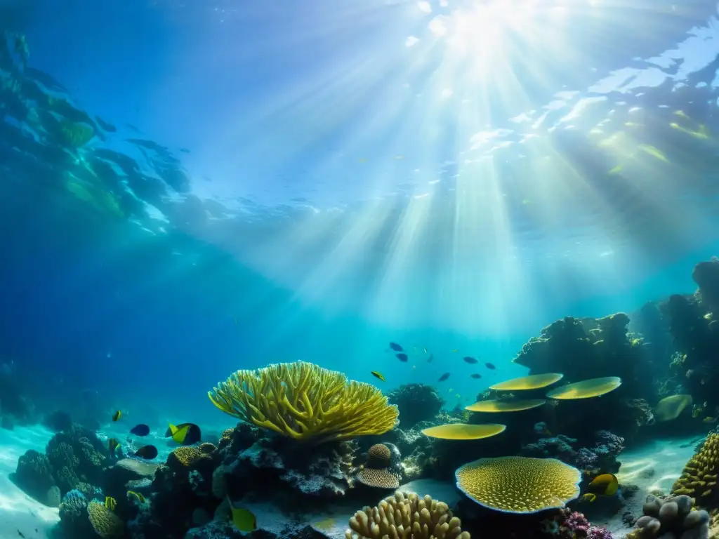 Reino submarino: vida marina y colores vibrantes Una vibrante escena submarina con biodiversidad marina en literatura: arrecife de coral bullicioso, peces coloridos y plantas marinas ondeantes