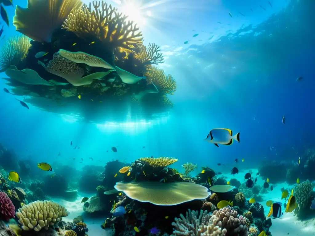 Una vibrante escena submarina llena de vida, con un arrecife de coral colorido y diverso