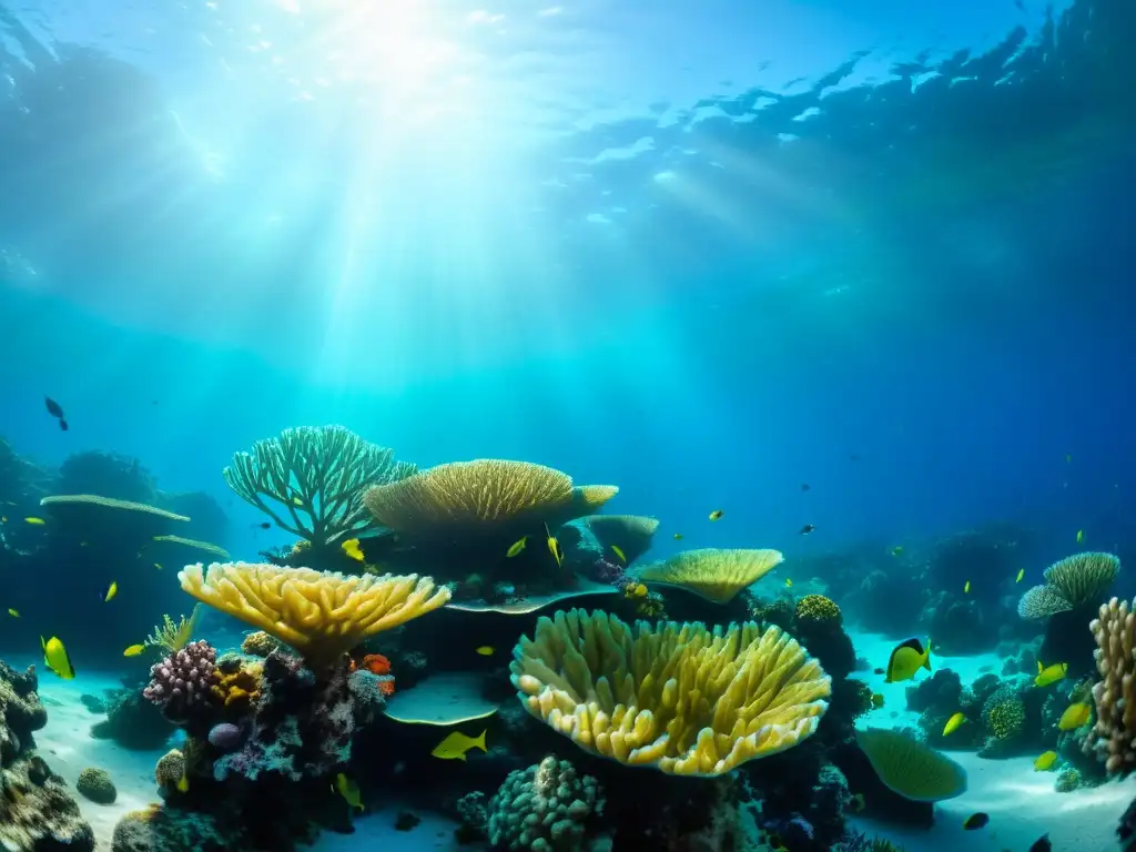 Una vibrante escena submarina llena de vida marina, incluyendo peces coloridos, plantas marinas ondeantes y formaciones de coral