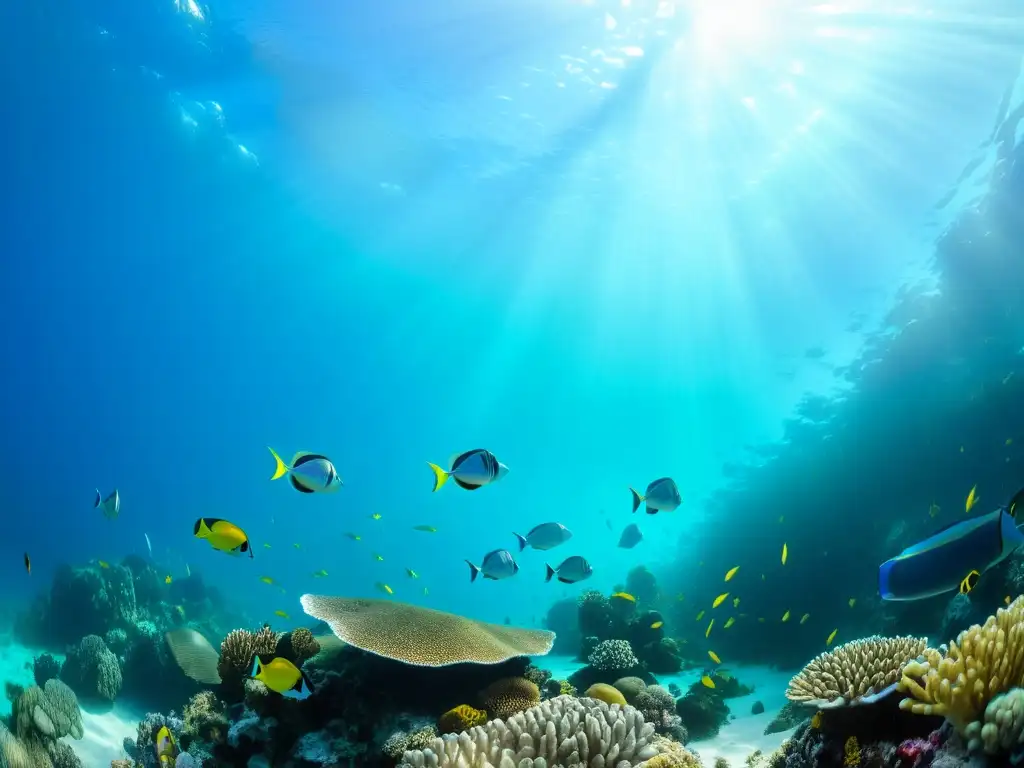 Una vibrante escena submarina llena de vida marina diversa, incluyendo peces coloridos, tortugas marinas y coral