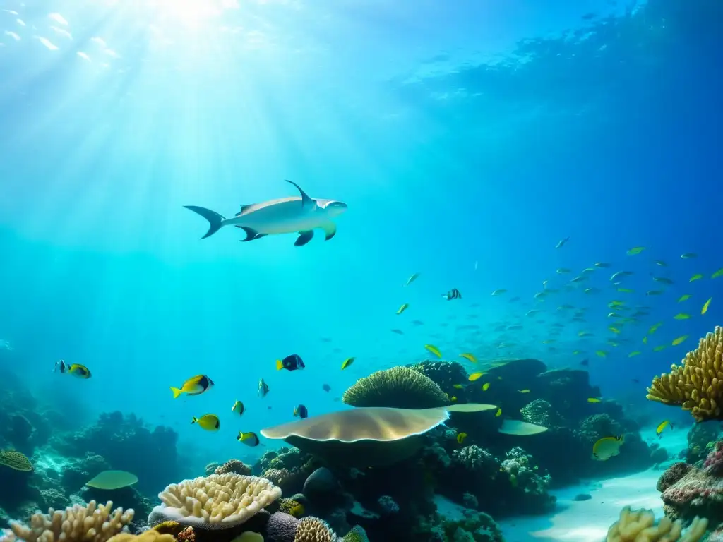 Una vibrante escena submarina llena de vida marina diversa y coloridos arrecifes de coral bajo el agua clara y azul