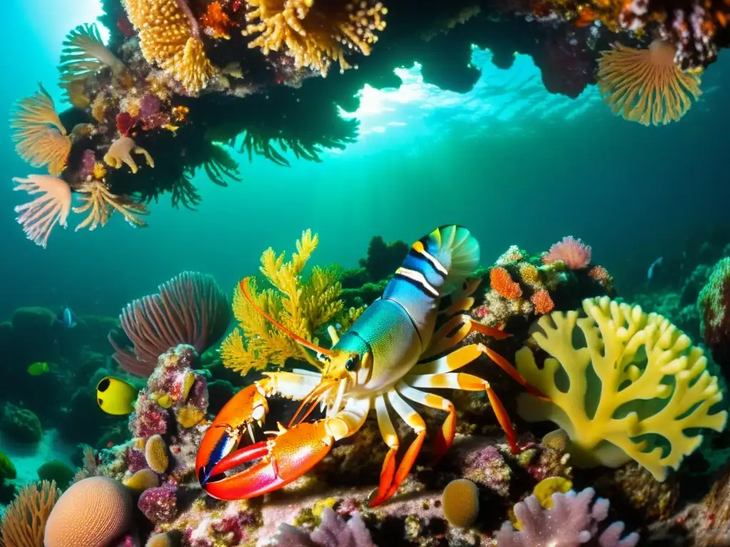 Una vibrante escena submarina llena de vida con una variedad de especies de crustáceos marinos en su hábitat natural