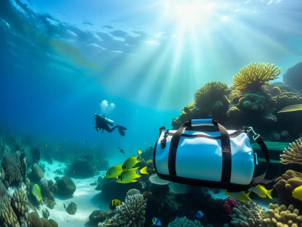 Vibrante escena submarina con las mejores bolsas y mochilas de buceo rodeadas de coral y peces tropicales, bajo cálida luz