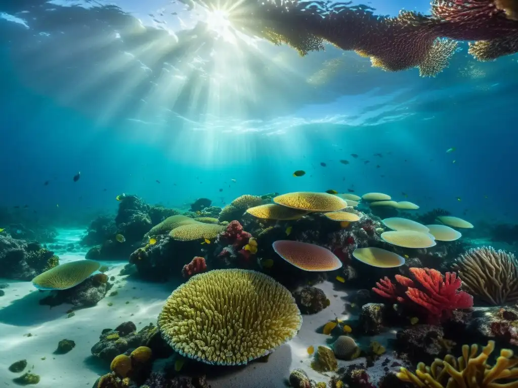 Vibrante escena submarina con microorganismos marinos marea roja y vida marina diversa en un deslumbrante paisaje acuático