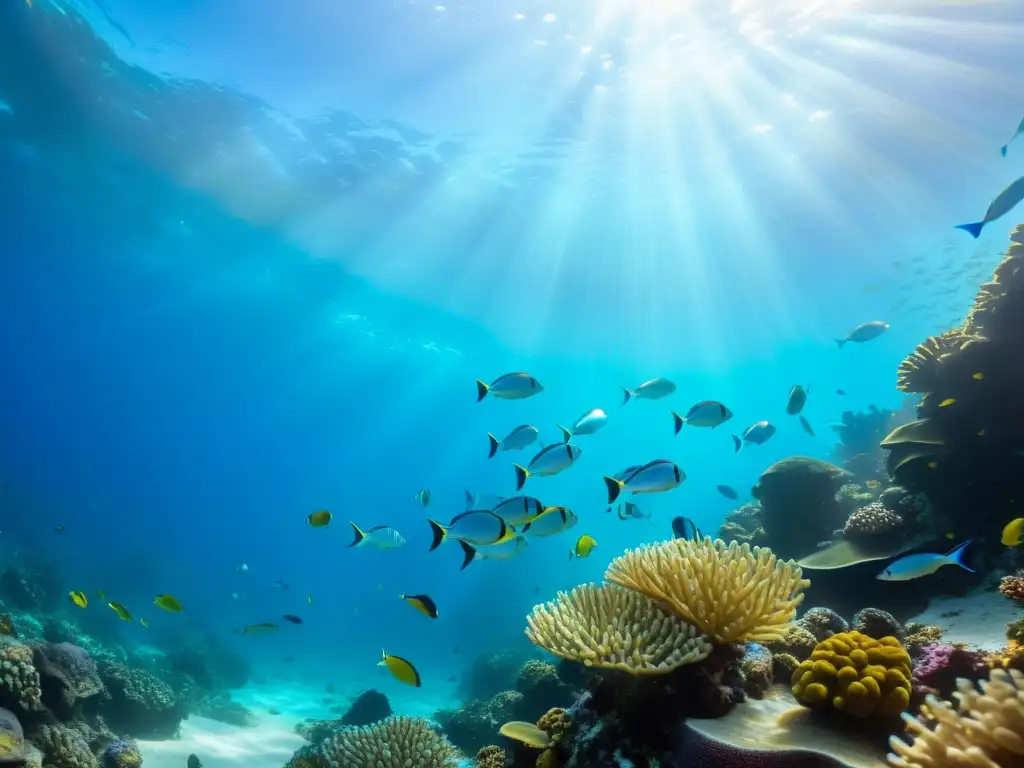 Una vibrante escena submarina con peces tropicales y corales coloridos