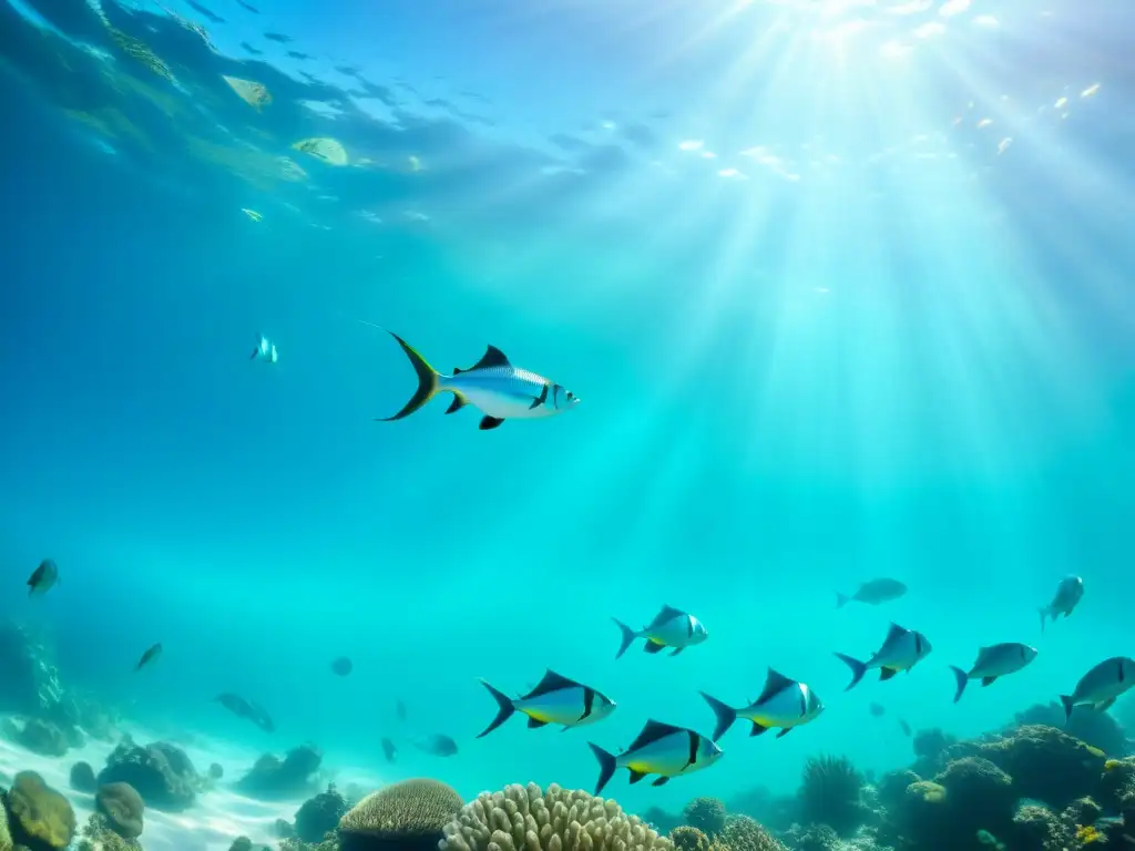 Vibrante escena submarina con peces iridiscentes en aguas turquesas cristalinas, creando un ambiente de serenidad y belleza natural