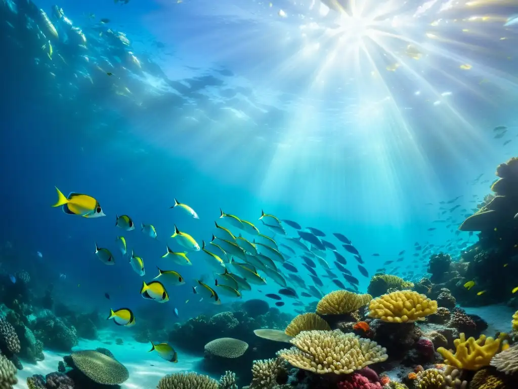 Fotografía submarina: vibrante escena submarina con peces coloridos entre un arrecife de coral, con luz solar creando patrones hipnóticos