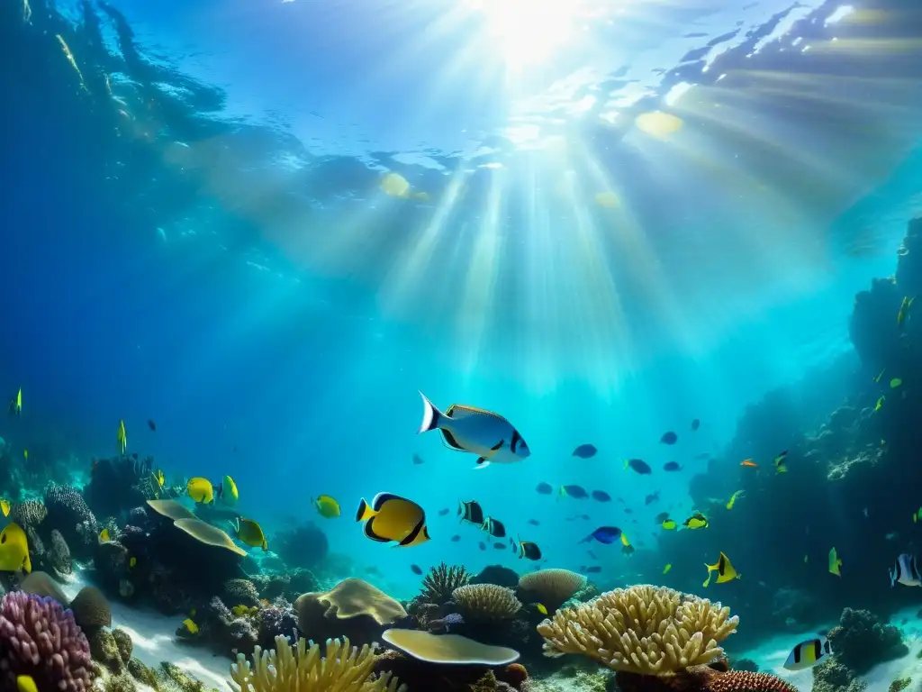 Vibrante escena submarina, peces tropicales entre corales coloridos