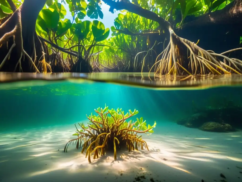 Vibrante escena submarina en manglar: refugio de aves migratorias en manglares, con vida marina colorida entre las raíces