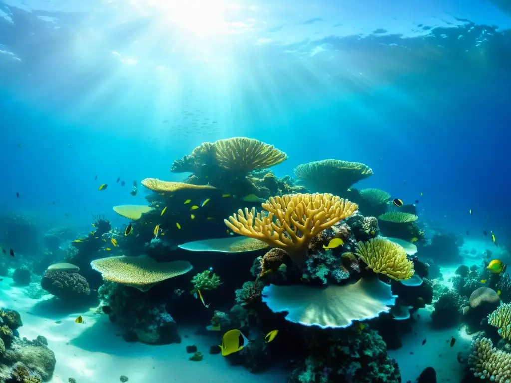 Una vibrante escena submarina muestra la restauración de hábitats marinos a través de un arrecife de coral rebosante de vida marina y colorida