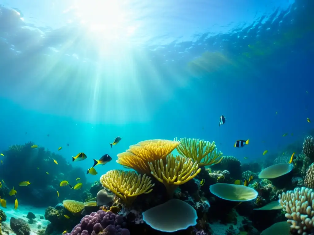 Una vibrante escena submarina de vida marina en un arrecife de coral, con peces de colores, anémonas y formaciones de coral