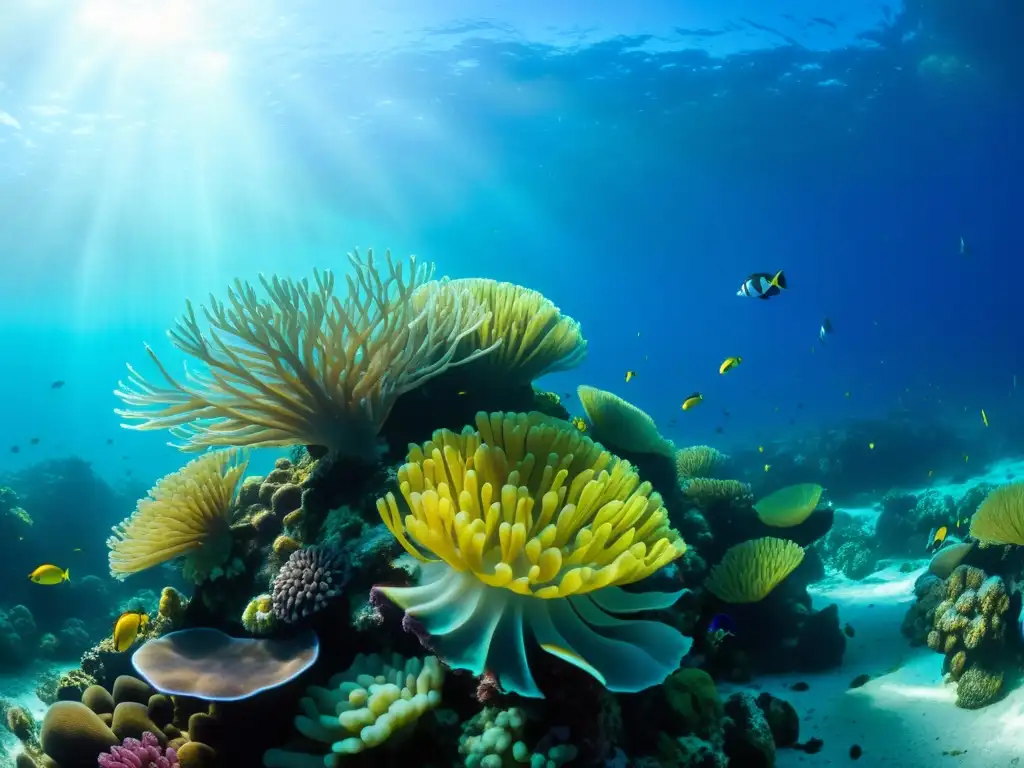 Una vibrante escena de vida marina en un arrecife de coral, muestra la belleza y diversidad de las Invasiones acuáticas en la vida marina