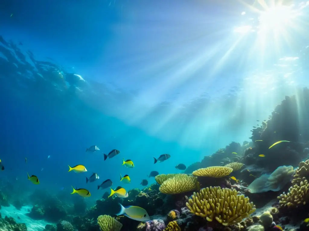 Un vibrante escenario submarino con corrientes cálidas influenciando el clima, revelando una colorida escuela de peces en un arrecife de coral