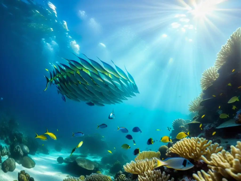 Un vibrante escenario submarino con peces coloridos y arrecifes de coral iluminados por la luz del sol