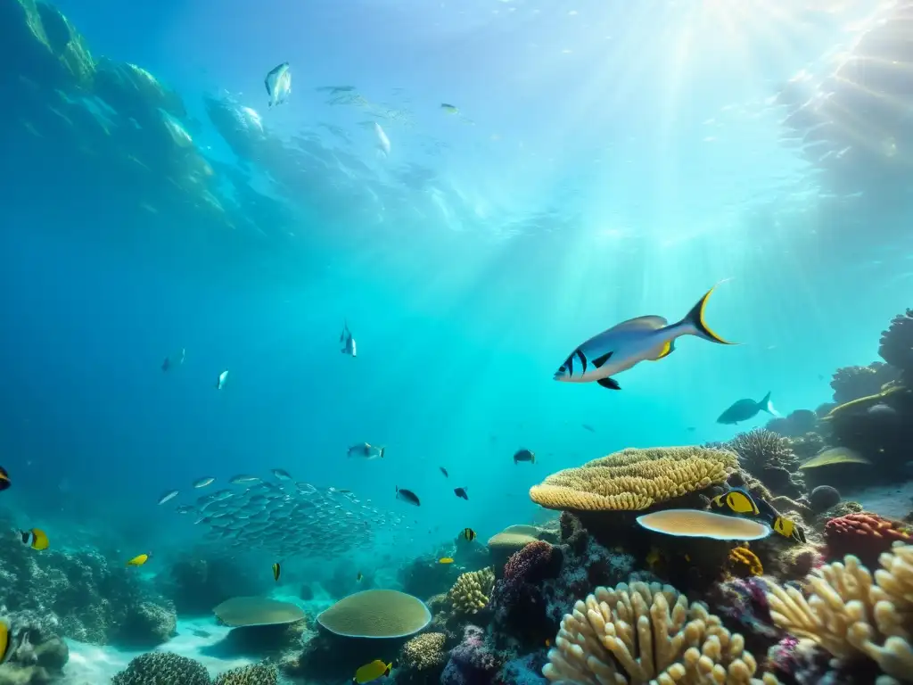 Un vibrante escenario submarino con peces plateados nadando cerca de un arrecife de coral, resaltando los beneficios omega 3 para la salud cerebral