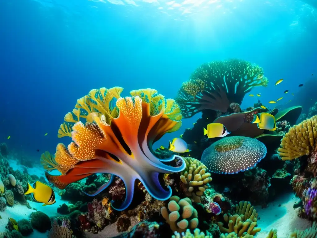 Una vibrante y exótica vista submarina de un arrecife de coral, con una variedad de vida marina colorida