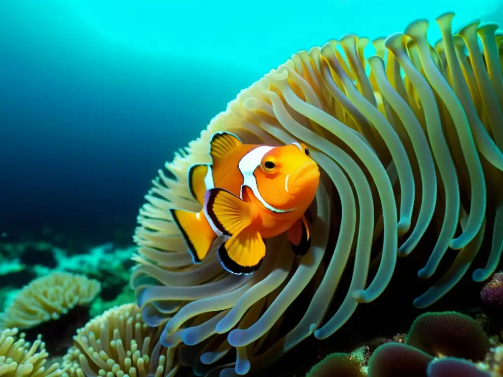 Una fotografía vibrante del fondo marino capturando una anémona de mar que brinda refugio a una familia de peces payaso