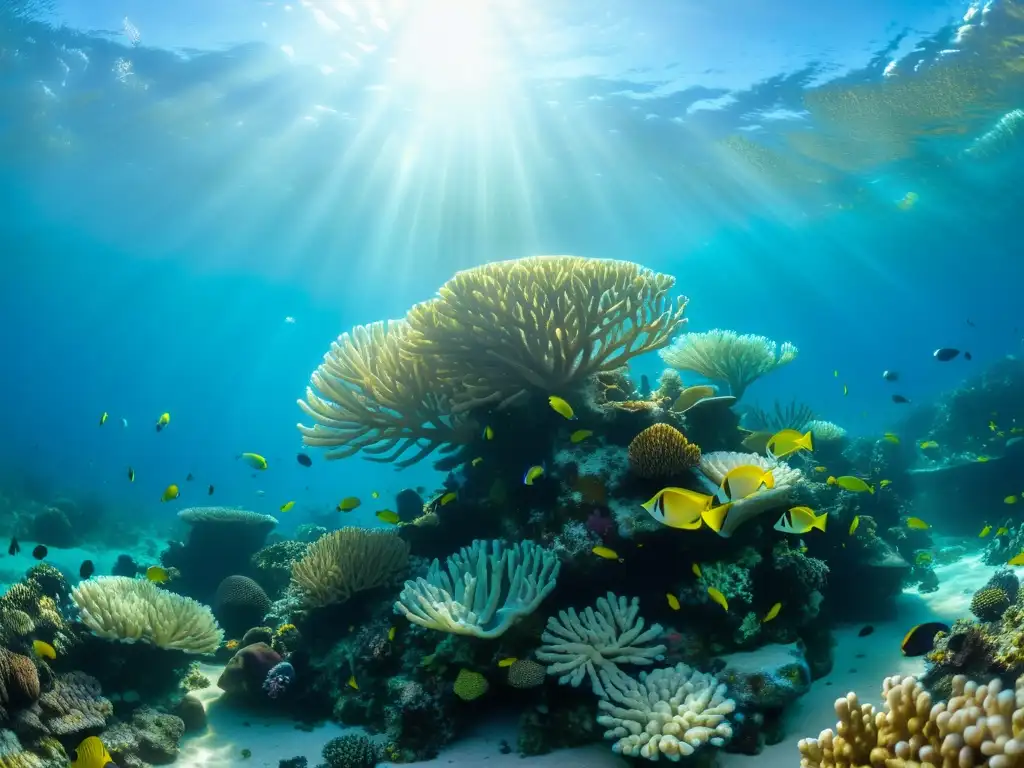 Arrecife de coral vibrante: belleza submarina en acción Una vibrante foto submarina de un arrecife de coral, con peces coloridos