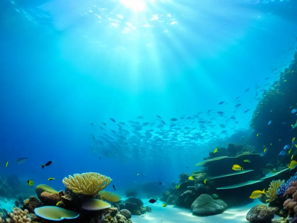 Un vibrante e hipnótico video subacuático, con un arrecife de coral lleno de vida y peces de colores bajo la claridad del agua azul