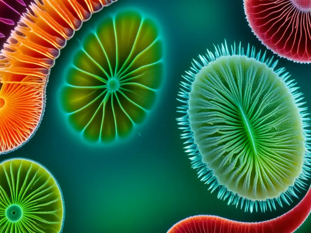 Vibrante imagen microscópica de diverso plancton marino en 8k, mostrando detalles intrincados y colores cautivadores