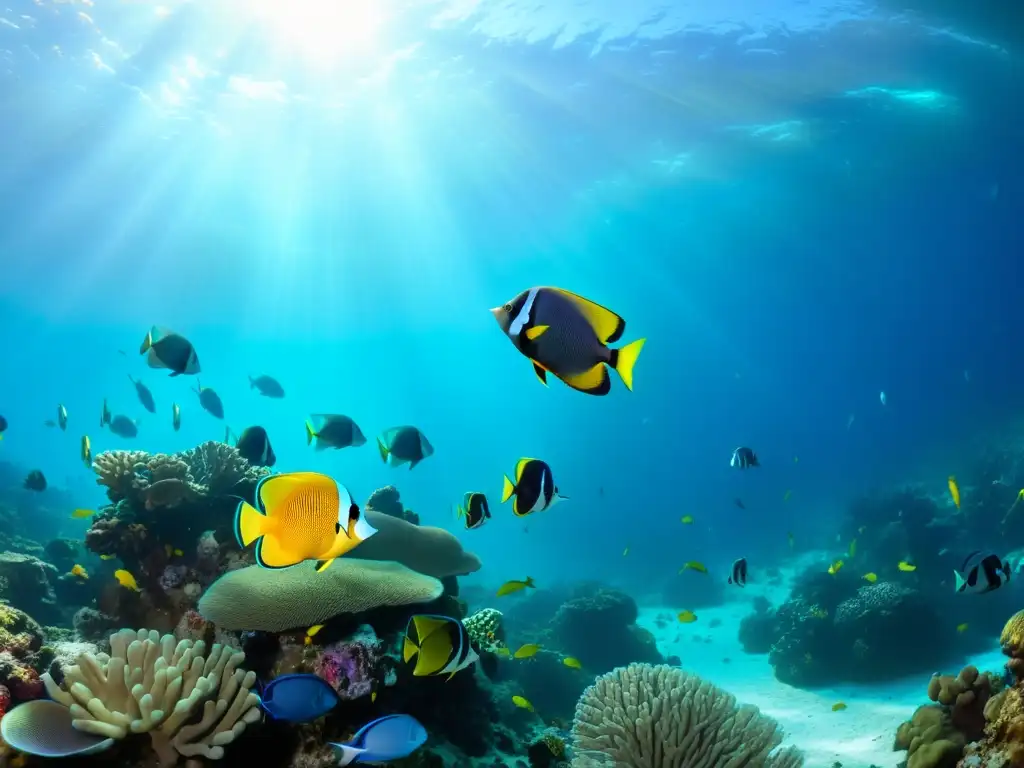 Una vibrante imagen submarina que captura un arrecife de coral aislado rebosante de vida marina colorida, evocando destinos de buceo menos conocidos