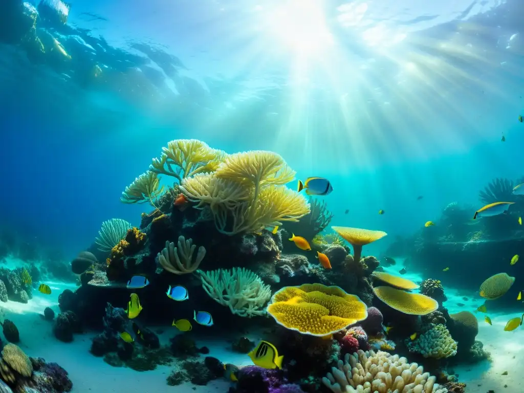 Una vibrante imagen submarina que muestra la diversidad marina y sostenibilidad, con coloridos corales, plantas marinas, peces tropicales, tortugas marinas y anémonas marinas