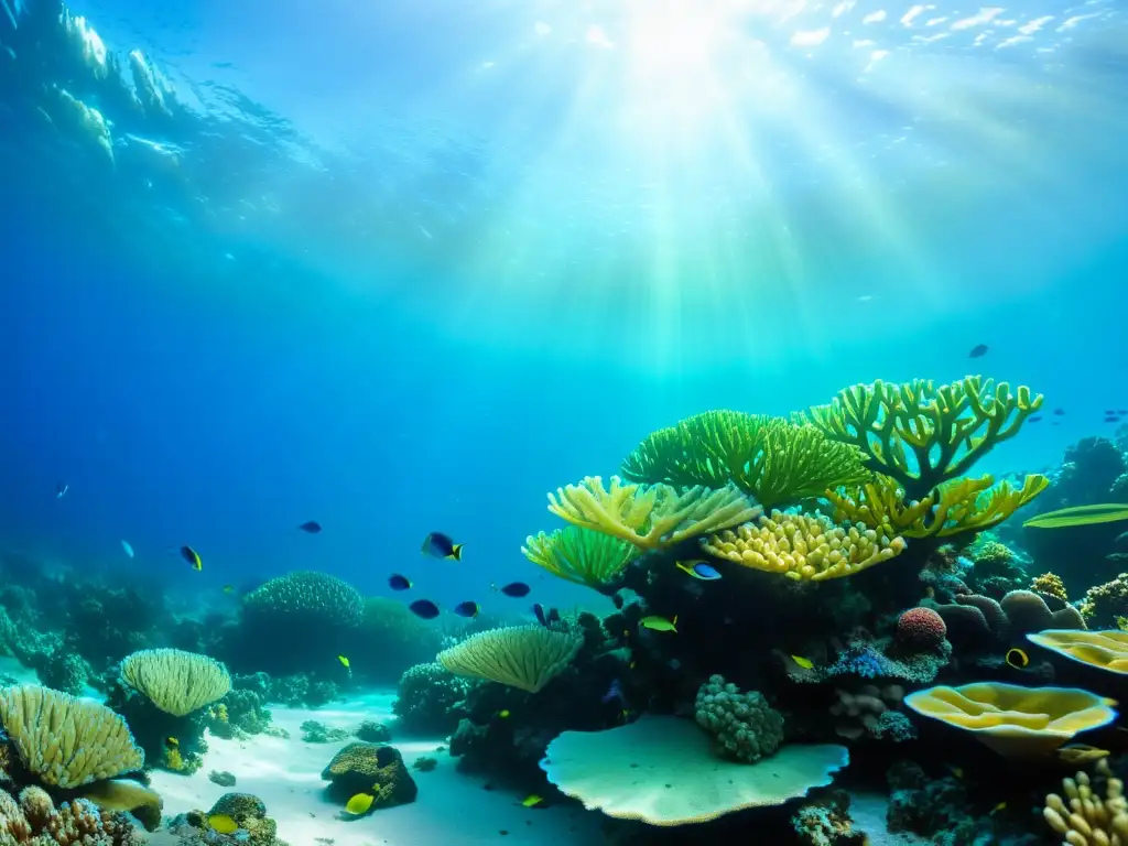 Una vibrante imagen submarina muestra un ecosistema diverso de arrecifes de coral, peces coloridos y la integración de la oceanografía escolar