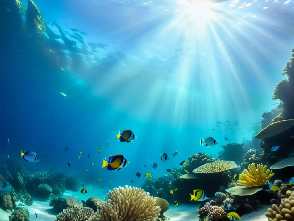 Espectacular vida marina: cardumen de peces tropicales y arrecife de coral Vibrante imagen submarina de peces tropicales y arrecife de coral iluminados por el sol, transmite tranquilidad y maravilla