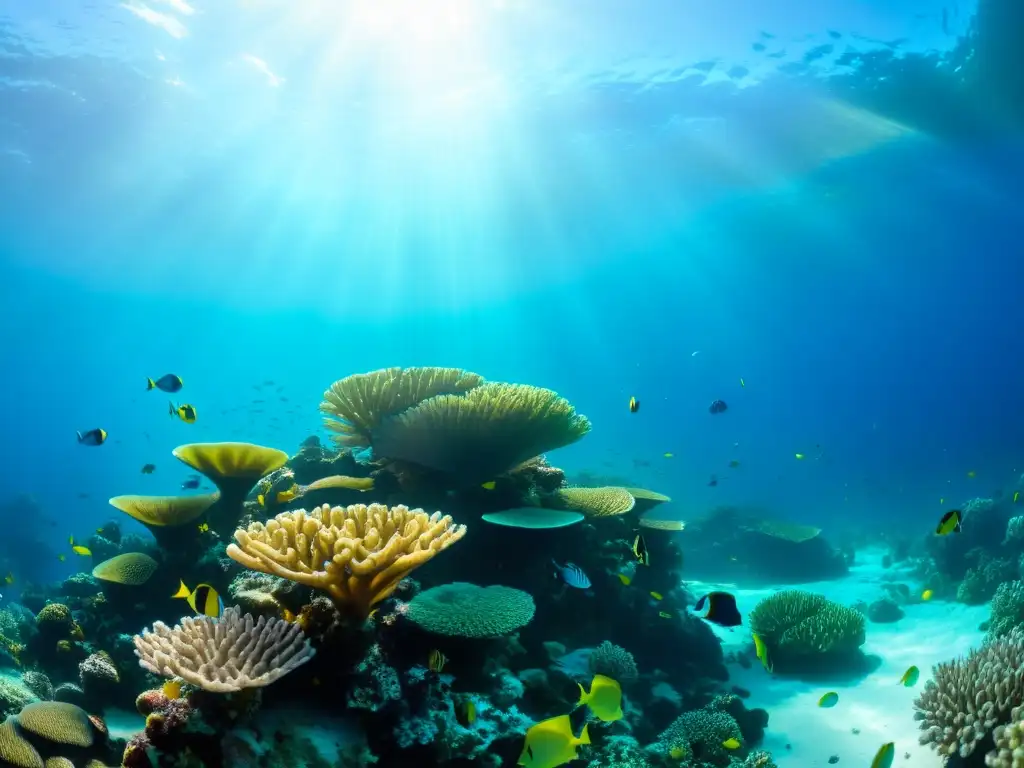 Una vibrante imagen submarina muestra un próspero ecosistema de arrecifes de coral, con peces coloridos nadando entre las formaciones de coral