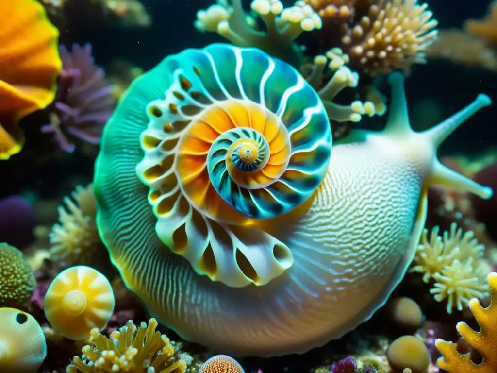 Una vibrante imagen submarina muestra una variedad de moluscos y caracoles marinos en un arrecife de coral, destacando su diversidad y belleza