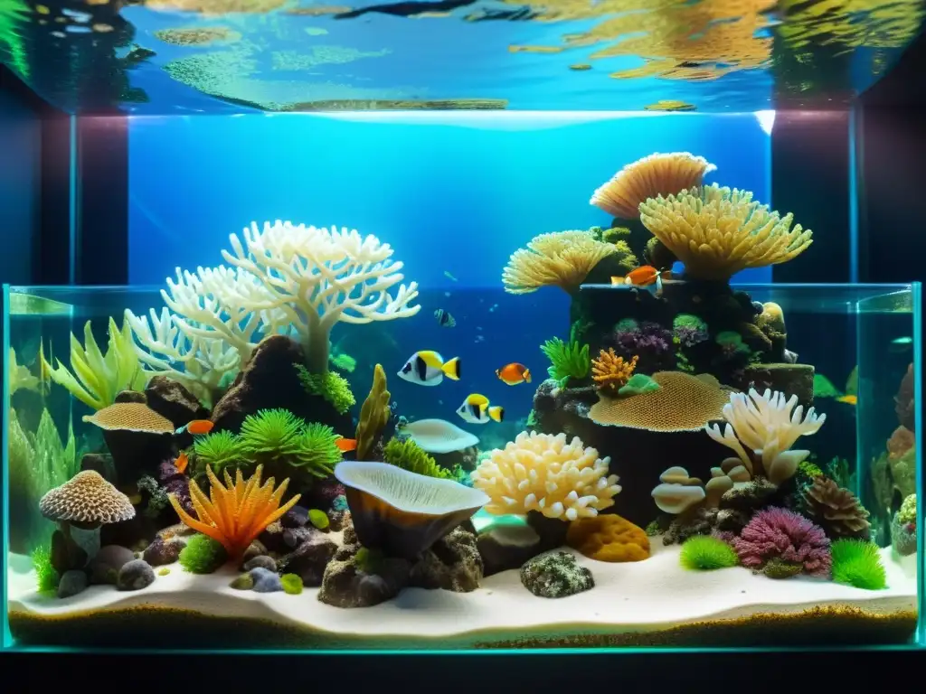 Vibrante e impactante decoración acuario marino, con vida marina y detalles variados bajo luz artificial