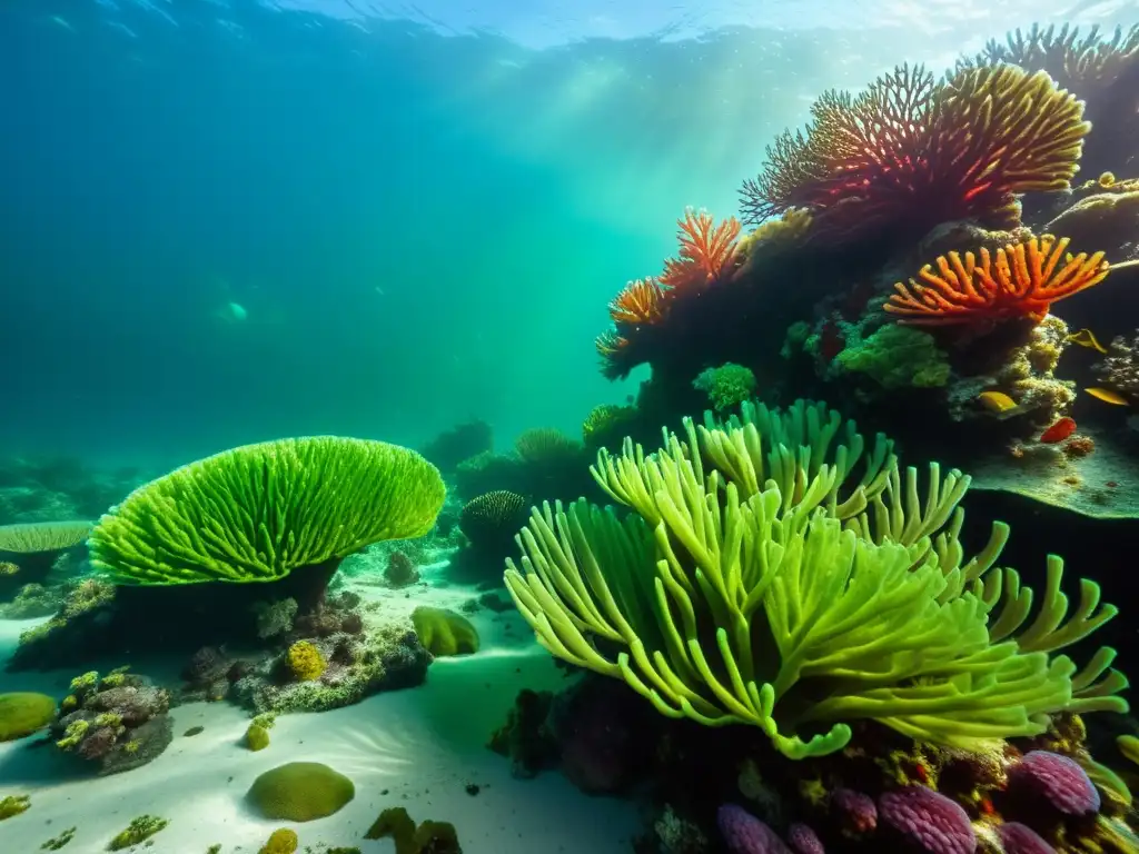 Vibrante e inmersivo ecosistema de arrecife de coral, destacando el mantenimiento de algas en acuarios de arrecife con vida marina variada