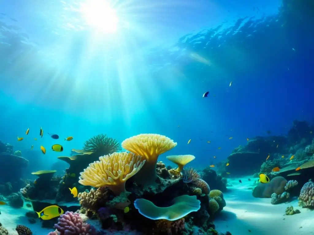 Vibrante e intrincado arrecife de coral con vida marina diversa, competencia y coexistencia en ecosistemas coralinos