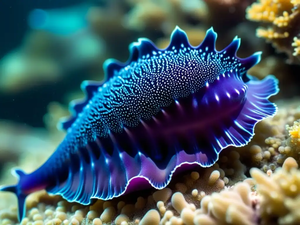 Un vibrante mar morado con una babosa marina entre corales